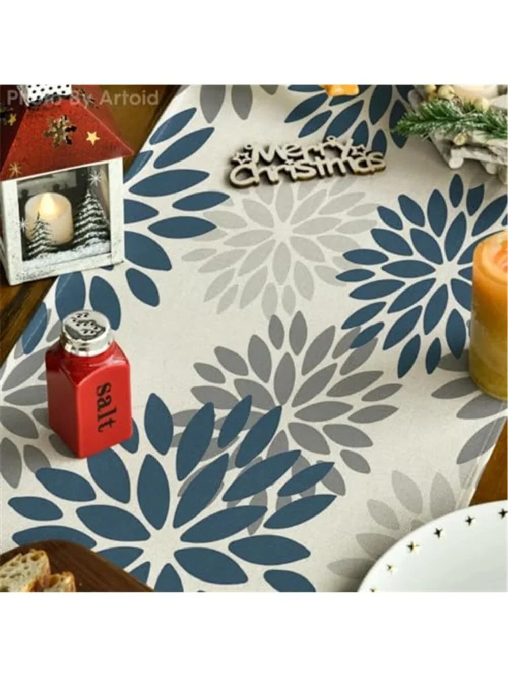 Blue Grey Silver Floral Table Runner 13 x 72 Inch Polyester Dining Table Decor